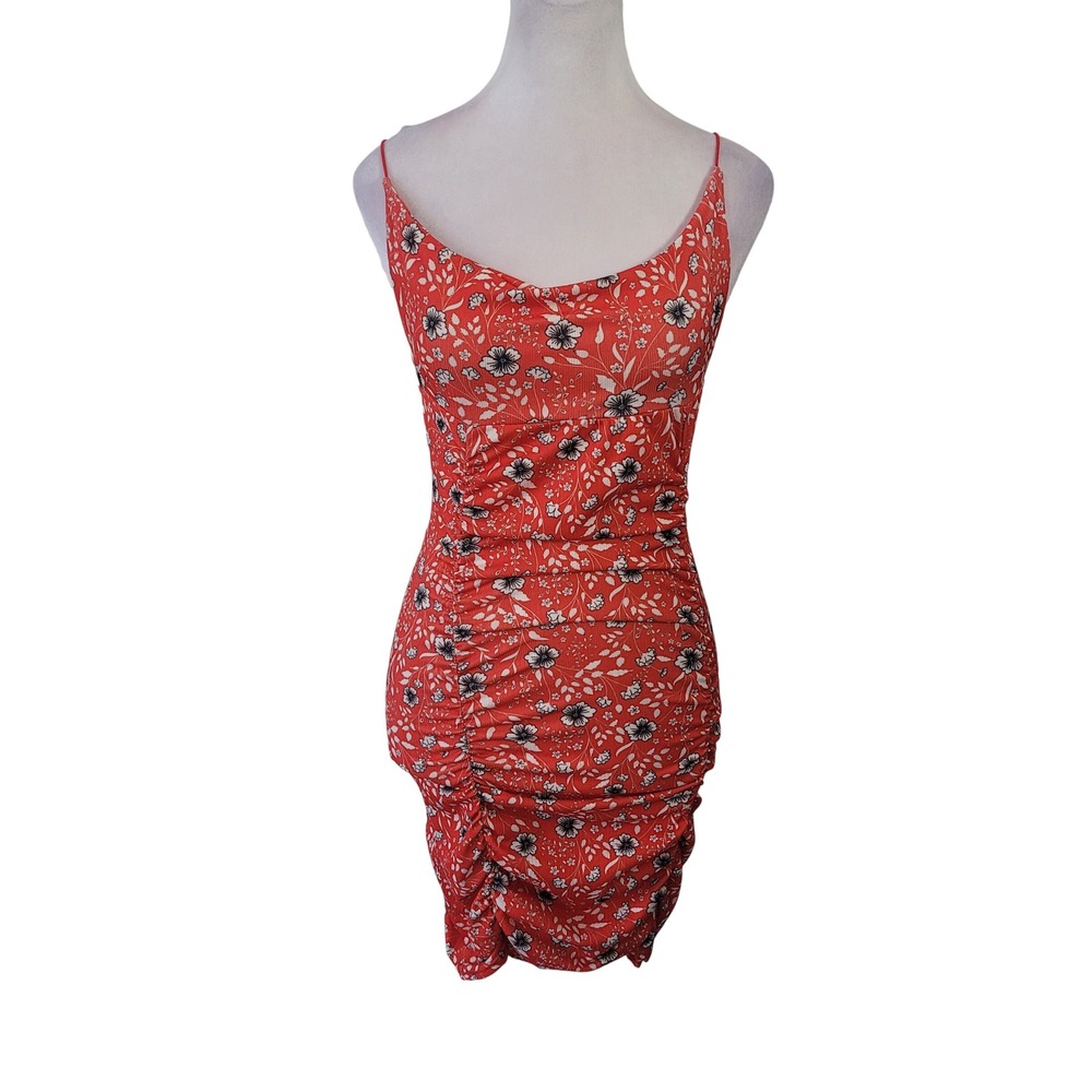 Nasty Gal Red Floral Ruched‎ Bodycon Mini Dress Cowl Neck Sleeveless EST Size S